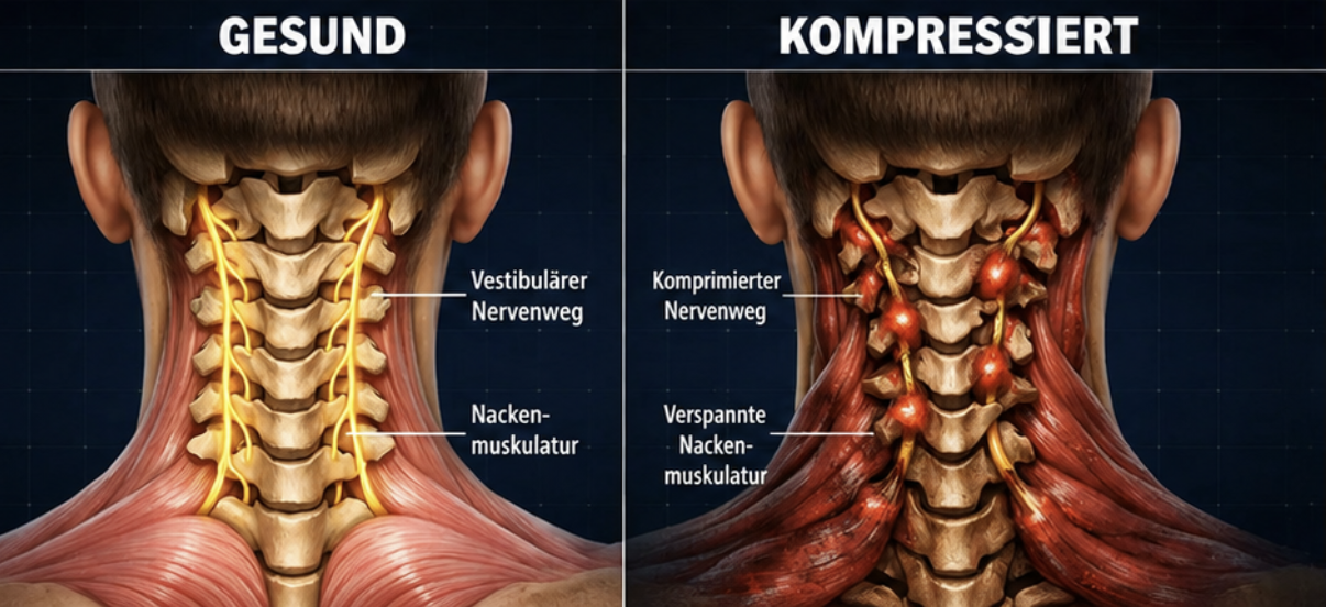Halswirbelsäule: gesunder vs. komprimierter Nervenweg